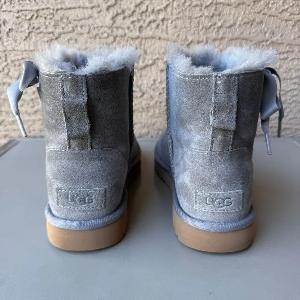 UGG Lace Mini Boots Womens 8 Gray Suede Corset Bow Classic Shearling Pull On